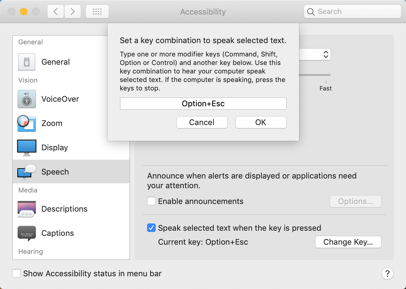 hot key for text to speach on mac